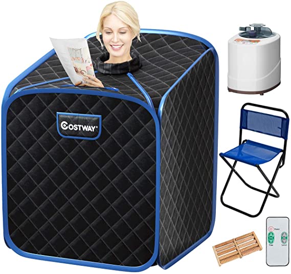 COSTWAY Portable Folding Steam Sauna Tent, Full Body Personal Home Spa for Weight Loss, 9 Adjustable Temperature Levels with Remote Control Steam Hose Foot Massage Roller Absorbent Pad (Black)