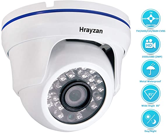 1080P Dome CCTV Camera, Hrayzan 1920TVL 2MP HD Security Camera, Hybrid 4 in 1 TVI/CVI/AHD/CVBS Analog, IP66 Waterproof Indoor Outdoor Wired Surveillance Camera with 65ft Day Night Vision IR(White)
