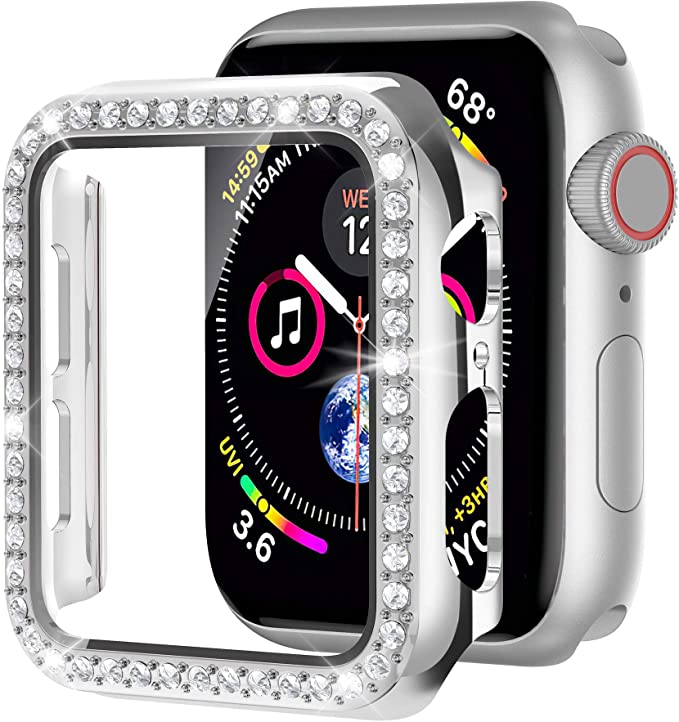 Moolia Bling Case Compatible with Apple Watch 40mm iWatch Series 6 5 4, iWatch SE 40mm Bling Crystal Diamond Face Cover with Built-in Tempered Glass Screen Protector for Women Girls, Silver