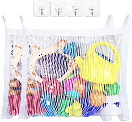 zebrum Bath Toy Organizer Set, 2 Large Strong Storage Mesh Bags, 18 x 14 Inch with 4 Strong Adhesive Hooks- Easy Storage of Bath Toys and Other Bathroom Items-White (Bath Toy Organizer Set)