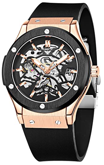 ALTURA NOVA Skeleton Automatic Watch Mechanical Wrist Watch for Men Bezel Screw Design Silicone Band Self-Wind Business Watch for Men