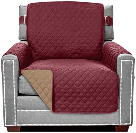 Sofa Shield Original Patent Pending Reversible Chair Protector, Many Colors, Width up to 23 Inch, Furniture Slipcover 2 Inch Strap, Chairs Slip Cover Throw for Pets, Kids, Cats, Armchair, Burgundy Tan