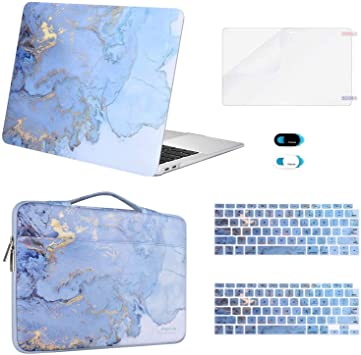 MOSISO Compatible with MacBook Air 13 inch Case 2020 2019 2018 Release A2179 A1932 Retina, Plastic Watercolor Marble Hard Shell Case&Sleeve Bag&Keyboard Skin&Webcam Cover&Screen Protector, Blue