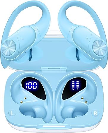 Bluetooth Headphones Wireless Earbuds 80hrs Playtime Wireless Charging Case Digital Display Sports Ear buds with Earhook Premium Deep Bass IPX7 Waterproof Over-Ear Earphones for TV Phone Laptop Blue