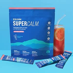 Supercalm Powdered Drink Mix, Raspberry Lemonade, L Theanine, Ksm-66 Ashwagandha, Magnesium Glycinate, Vitamin D 3, Supplements for Relaxation & Focus, No Sugar, Non GMO, Vegan, On The Go