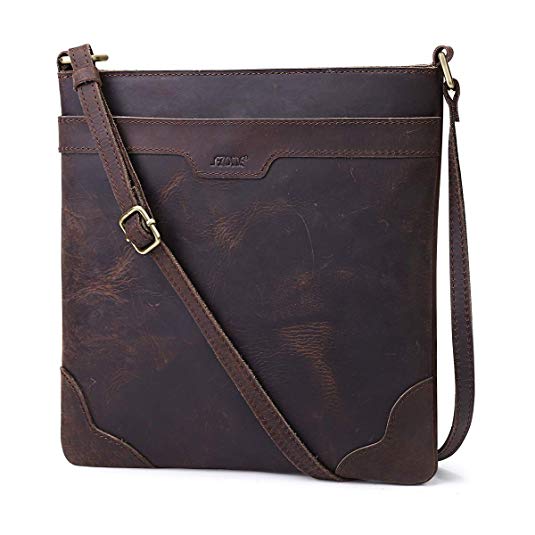 S-ZONE Lightweight Vintage Genuine Crazy Horse Leather Shoulder Bag Purse Crossbody Slim Bag