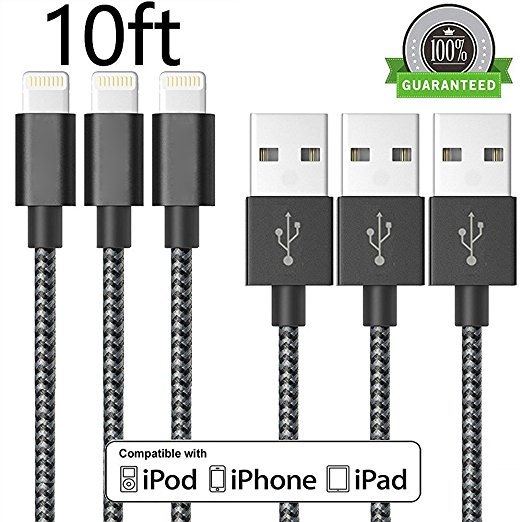 ONSON iPhone Cable,3Pack 10FT Extra Long Nylon Braided Cord Apple Lightning Cable Certified to USB Charging Charger for iPhone 7/7 Plus/6S/6S Plus,SE/5S/5,iPad,iPod Nano 7 (Black White,10FT)