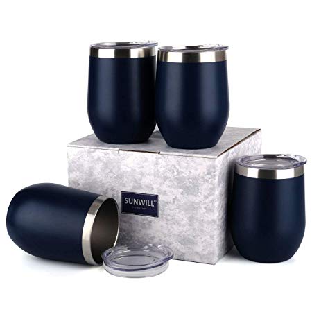 SUNWILL Insulated Wine Tumbler with Lid Navy Blue 4 pack, Double Wall Stainless Steel Stemless Insulated Wine Glass 12oz, Durable Insulated Coffee Mug, for Champaign, Cocktail, Beer, Office