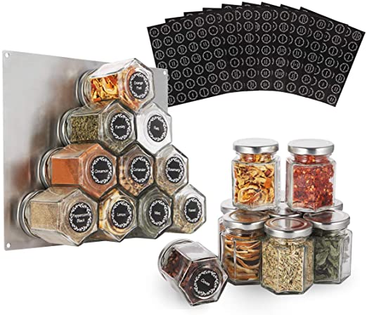 16-Pack Glass Hexagon Magnetic Spice Jar - Stainless Plate Included