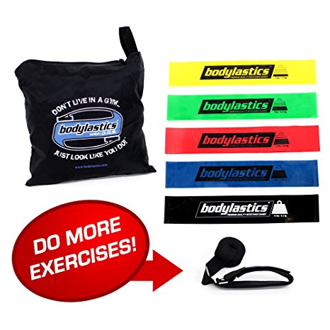 BODYLASTICS Premium Loop Resistance Bands Set. Includes 5 Best Quality Loop Resistance Bands, Custom Designed Door Anchor, Carry Bag.