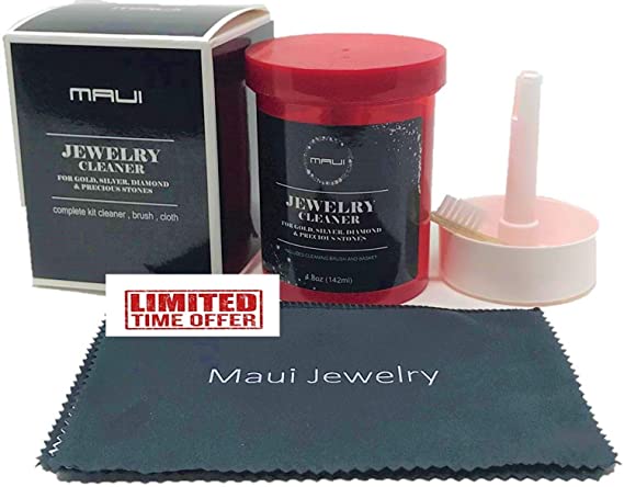Maui Liquid Jewelry Cleaner Solution Complete kit with Cloth for Gold, Silver,Diamond. Safety Solution with Basket, Brush & Cloth for Extra Cleaning. Cloth Treated with Our Secret Formula