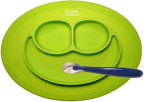 No More Dining Mess - Baby Feeding One-Piece Mini Happy Face Placemat & Plate with First Step Spoon By BaBy ANiGO – 100% Food Grade BPA Free & FDA Approved Silicone – Anti Spill Surface Suction