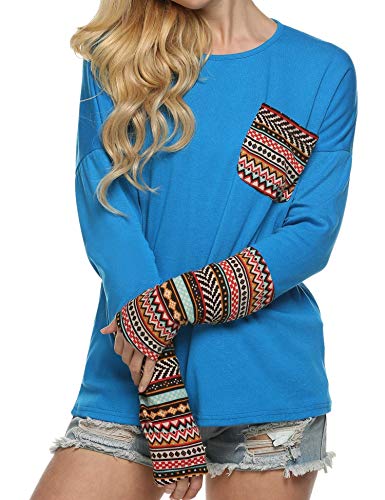 ACEVOG Women Long Sleeve Crew Neck Patchwork Casual Loose T-Shirt Blouse Tops