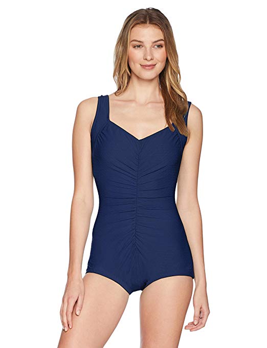 Maxine Of Hollywood Women's Shirred Front Girl Leg One Piece Swimsuit