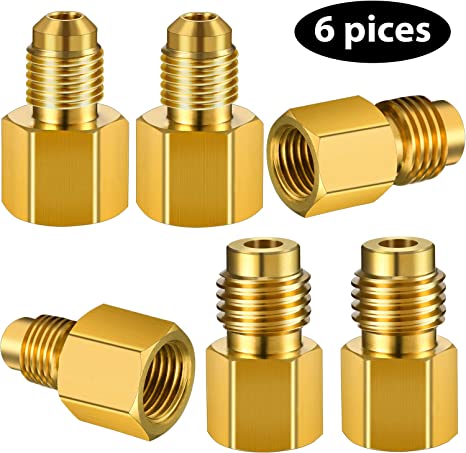 6 Pieces 6015 R134A Brass Refrigerant Tank Adapter to R12 Fitting Adapter 1/2 Female Acme to 1/4 Male Flare Adaptor Valve Core and 6014 Vacuum Pump Adapter 1/4 Inch Flare Female to 1/2 Inch Acme Male