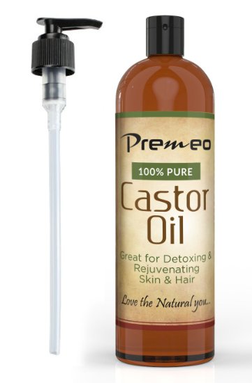Premeo Castor Oil 16 oz FREE PUMP Cold Pressed Moisturizer for Skin and Hair Eyelashes