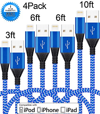 LOVRI 4Pack 3ft 6ft 6ft 10ft Nylon Braided Cable Lightning to USB Charging Cord for Apple iPhone 7/7 Plus/6/6s/6 plus/6s plus, 5c/5s/5/SE,iPad Air/Mini/Pro,iPod Nano/Touch.(Blue & White)