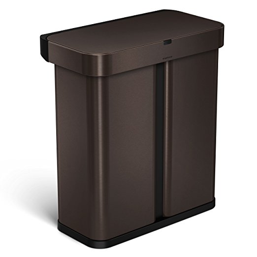 simplehuman 58L  Dual Compartment Rectangular Sensor Trash Can with Voice and Motion Sensor, Touch-Free, Voice Activated, Dark Bronze Stainless Steel, 58 Liters / 15.3 Gallons