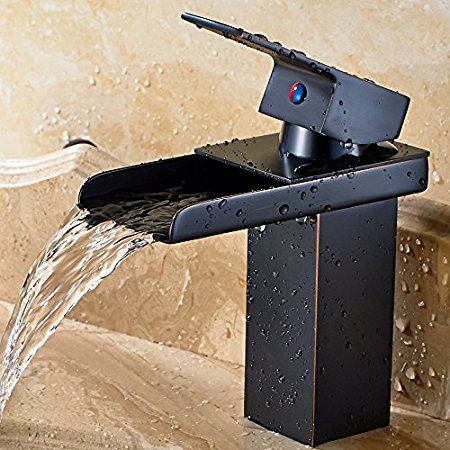 Fyeer Waterfall Style Bathroom Sink Faucet, Single Handle, Oil Rubbed Bronze Finish, Contemporary Design, Lead Free Certified, Hot & Cold Mixer, Easy Installation