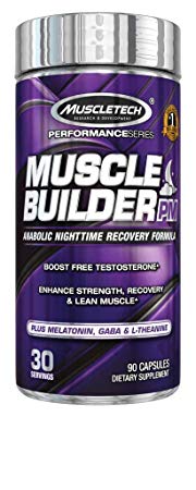MuscleTech Muscle Builder PM Nighttime Post Workout Recovery Supplement with Melatonin & L-Theanine, Boosts Testosterone, 30 Servings (90 Count)