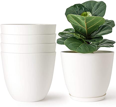 Mkono Plastic Planters Indoor Set of 5 Flower Plant Pots Modern Decorative Gardening Pot with Drainage and Saucer for All House Plants, Herbs, Foliage Plant, and Seeding Nursery, Cream White, 7.5"