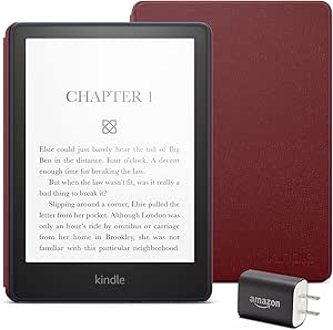 Kindle Paperwhite Essentials Bundle including Kindle Paperwhite (16 GB) - Denim - Without Lockscreen Ads, Leather Cover - Merlot, and Power Adapter