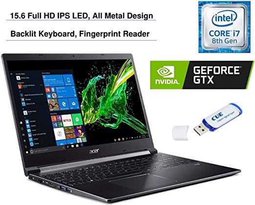 2020 Acer Aspire 7 15.6" FHD Display Laptop Computer, Intel Core i7-9750H, GeForce GTX 1050 3GB, Blackit Keyboard, Fingerprint Reader, Windows 10, Black   CUE USB Drive (16GB RAM | 512GB SSD)