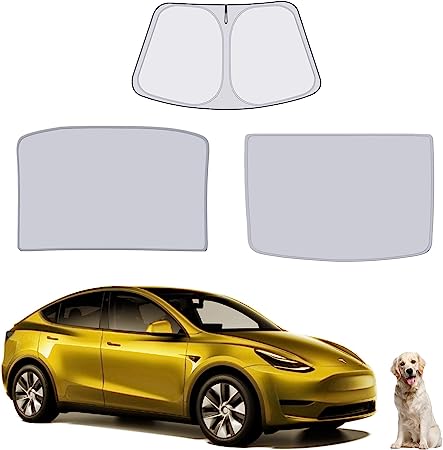 Tesla Model Y Sunshade 2019-2023, Windshield Sunshade and Roof Foldable Sun Shade Covers Set of 3, Tesla Model Y Accessories