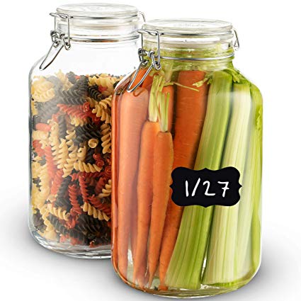 Bormioli Rocco Glass Fido Jars - 135¼ Ounce (4 Liter) with hermetically Sealed hinged Airtight lid for Fermenting, Preserving, Bulk - dry Food Storage, With Paksh Novelty Chalkboard Label Set (2 Pack)
