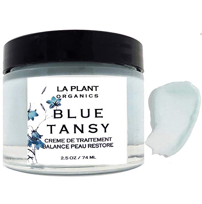 CALMING Organic Blue Tansy Face Cream with Shea, Pomegranate, Squalane (olive) and Jojoba Balances & Restores Skin with Vitamins Minerals, Antioxidants, Fatty Acids Face Balm (1 OZ)