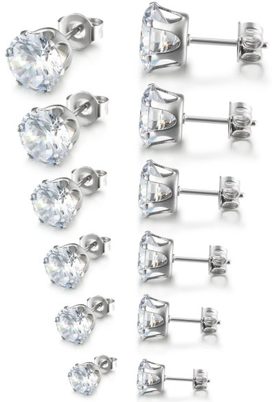 Besteel Womens Stainless Steel Stud Earrings Set Hypoallergenic Pierced Cubic Zirconia 6 Pairs 3-8mm