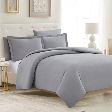Mellanni Duvet Cover Set 5pcs - Soft Double Brushed Microfiber Bedding with 2 Shams and 2 Pillowcases - Button Closure and Corner Ties - Wrinkle, Fade, Stain Resistant (King/Cal King, Light Gray)