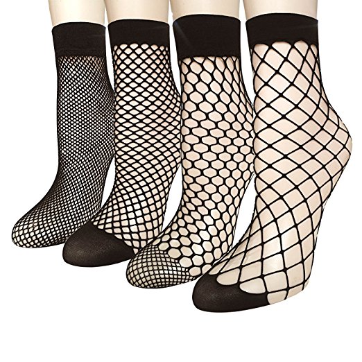 4 Pairs Women's Lace Fishnet Sheer Ankle Dress Socks - Stylish Black