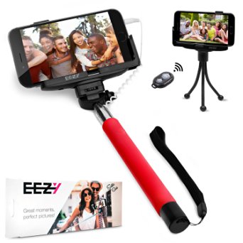 EEZ-Y Wired Selfie Stick Bundle w/ Flexible Tripod   Bluetooth Remote   Two Adjustable Phone Holders - Awesome Photography Tools for iPhone Samsung Sony LG Nexus Devices - Best Value Bundle (Red)