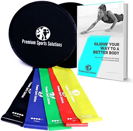 Premium Sports Solutions 2 Core Sliders & 5 Resistance Bands - Core Strengthening Gliding Discs & Elastic Exercise Loops For Effective Workouts and Flexibility - Comes With 36 Page eBook