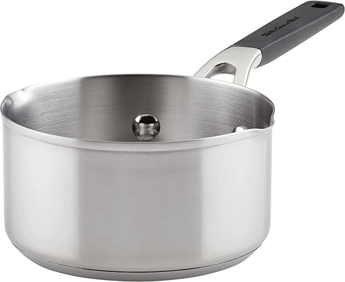 KitchenAid Stainless Steel Saucepan with Pour Spouts, 1 Quart, Brushed Stainless Steel