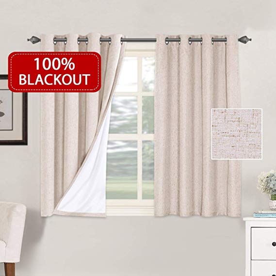 H.VERSAILTEX Full Blackout Waterproof Textured Linen Curtains with White Liner for Living Room Thermal Insulated Energy Efficient Window Treatments Curtains (2 Pieces, 52 x 45 Inch, Natural)