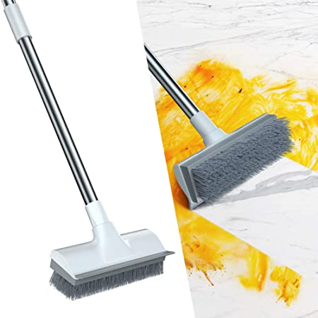 Qipi Floor Scrub Brush, Cleaning Brush with Long Handle Adjustable 50" Deck Brush, 2 in 1 Scraper and Brush, Suitable for Cleaning Shower Bathrooms, Kitchens, Carpet, Swimming Pools, Walls