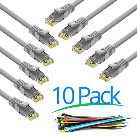 MAXIMM 10 Feet |10 Pack | Grey| Snagless Cat6 Ethernet Cable With Cable Ties