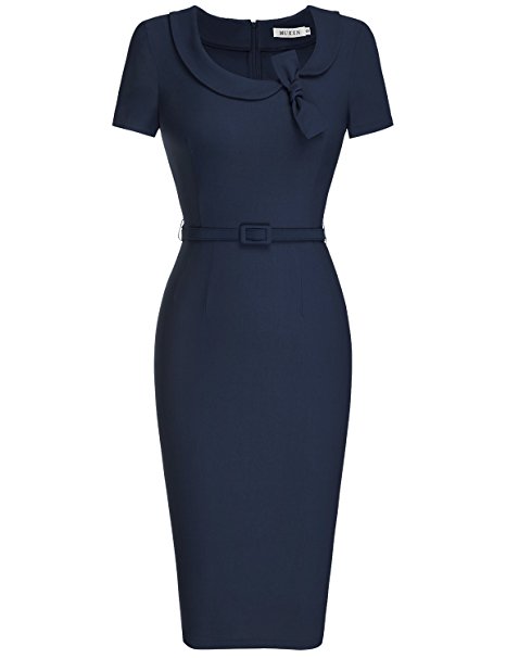 MUXXN Women's Audrey Hepburn Style Short Sleeve Belt Waist Cocktail Tea Dress
