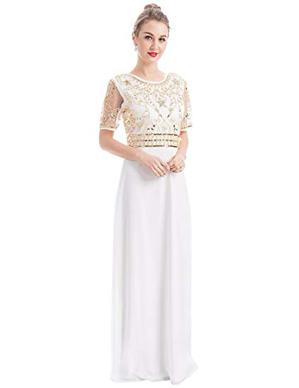 MANER Women Chiffon Beaded Embroidered Sequin Long Gowns Prom Evening Bridesmaid Dress
