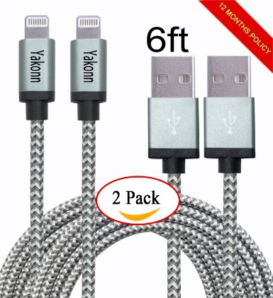 Yakonn 2 Pack 6ft Lightning Cable Nylon Braided Charging Cable Extra Long USB Cord for iphone 6s 6s plus 6plus 65s 5c 5iPad Mini AiriPad5iPod on iOS9 With Aluminum Connector