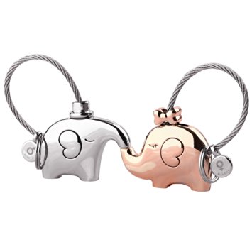 MILESI Sweet Kiss Me One Pair of Elephant Keychains for Couples (Silver Light Gold)