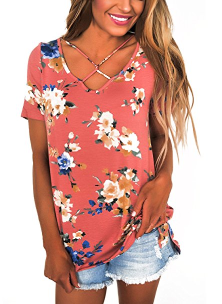 Dokotoo Womens Casual Summer Floral Print Crisscross Cotton Blouses Tops T-Shirts