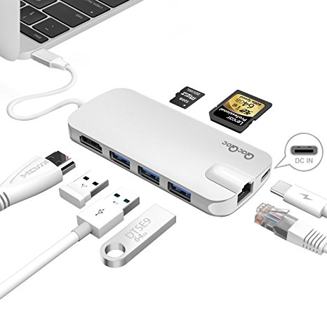 USB C Hub Shuttle Type C Hub with Power Delivery for Charging ,HDMI Output ,Card Reader, 3 USB 3.0 Ports,Gigabit Ethernet Port Adapter with PD Specification for MacBook 12-Inch Aluminum Alloy Build (Silver)