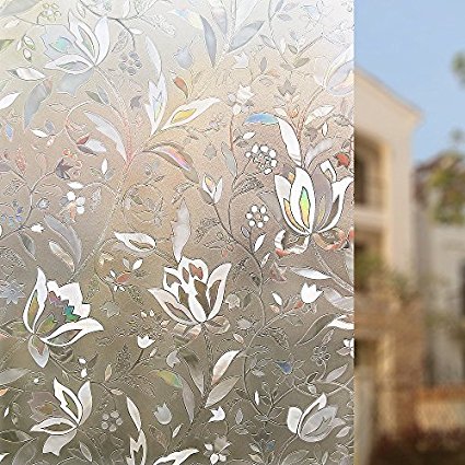 Rabbitgoo® Non Adhesive Window Film Privacy Self Cling Window Film No Glue Window Film Static Frosted Film 3D Tulip Flower Pattern for Home Kitchen Office 44.5*200CM