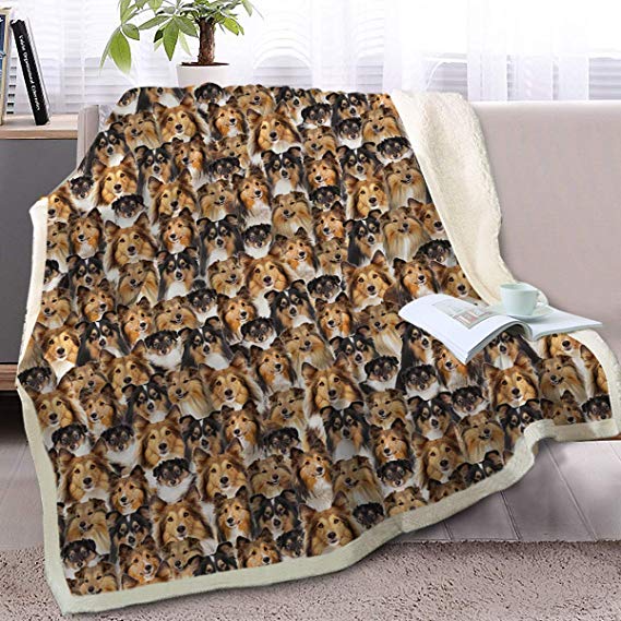 BlessLiving Fuzzy Dog Blanket for Kids Adults Puppy Lovey Fleece Blanket Reversible Animal Pattern Sherpa Throw (Shetland Sheepdog, 60 x 80 Inches)