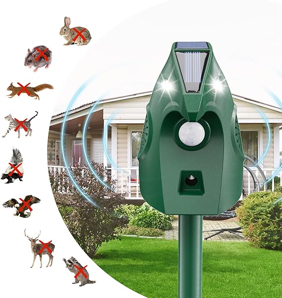 Animal Deterrent, Solar Powered Squirrel Repellent with Motion Sensor, Waterproof Outdoor Ultrasonic Pest Repellent Device with Flashing-Light for Skunk Raccoon Cat Bobcat, Sound Frequency 18 kHz