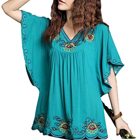 Ashir Aley New Floral Embroidered Butterfly Sleeve Wrap Ruffled Peasant Tops Blouse