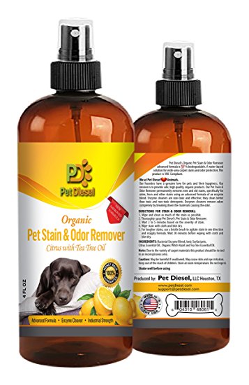 Pet Stain & Odor Remover Spray By Pet Diesel – Best Organic Enzyme Cleaner For Pet Odor Elimination & Dog, Cat Urine Stain Removal - Ideal For Wide Area Stains - with Tea Tree Oils- 4 oz